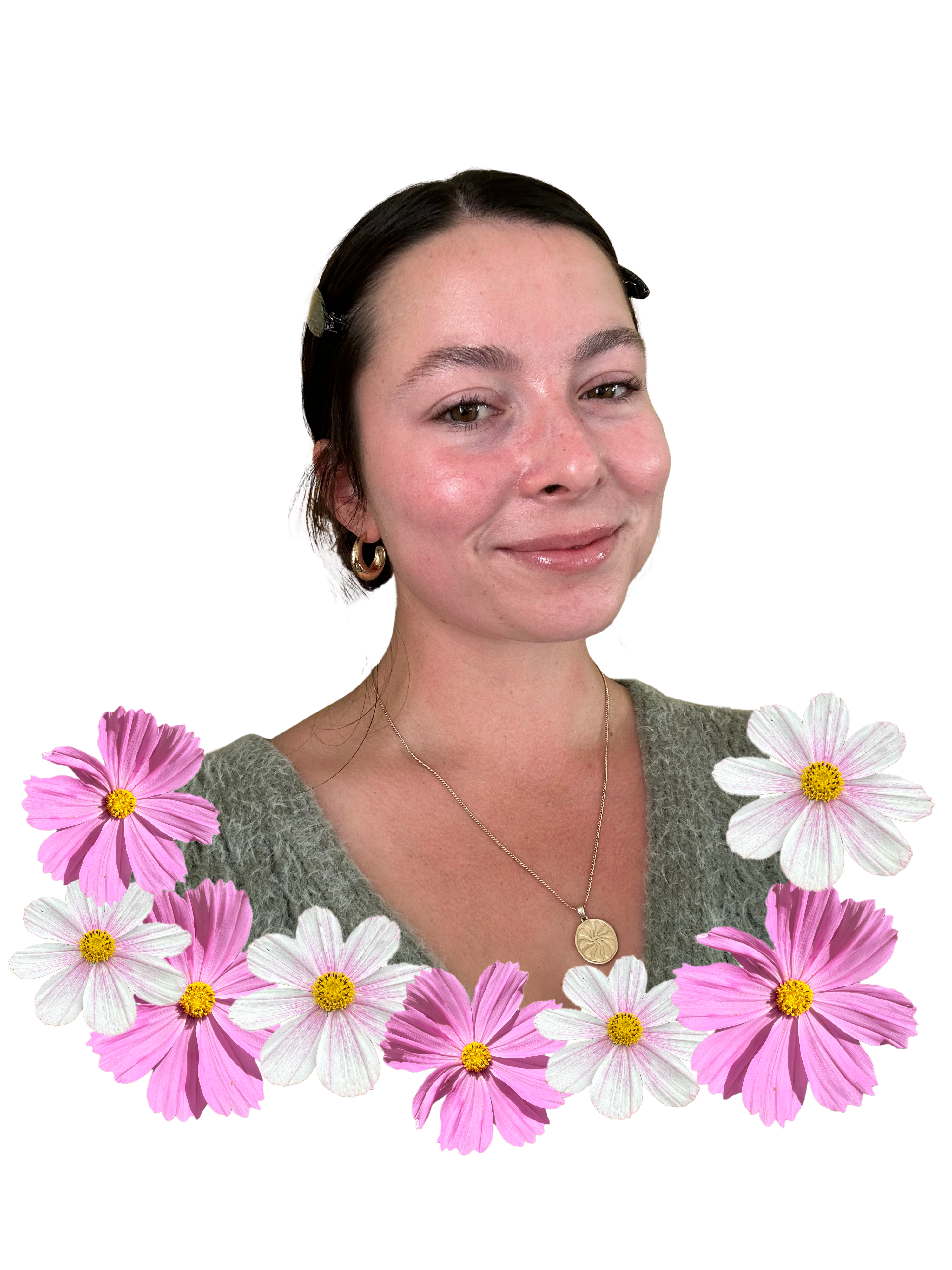 portrait framed by pink and white cosmos flowers